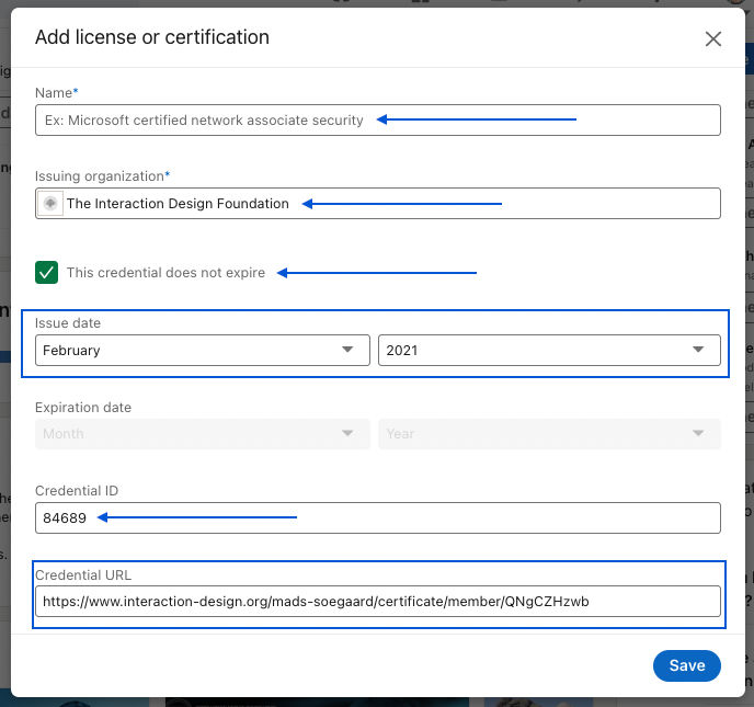 LinkedIn: Add license and certifications